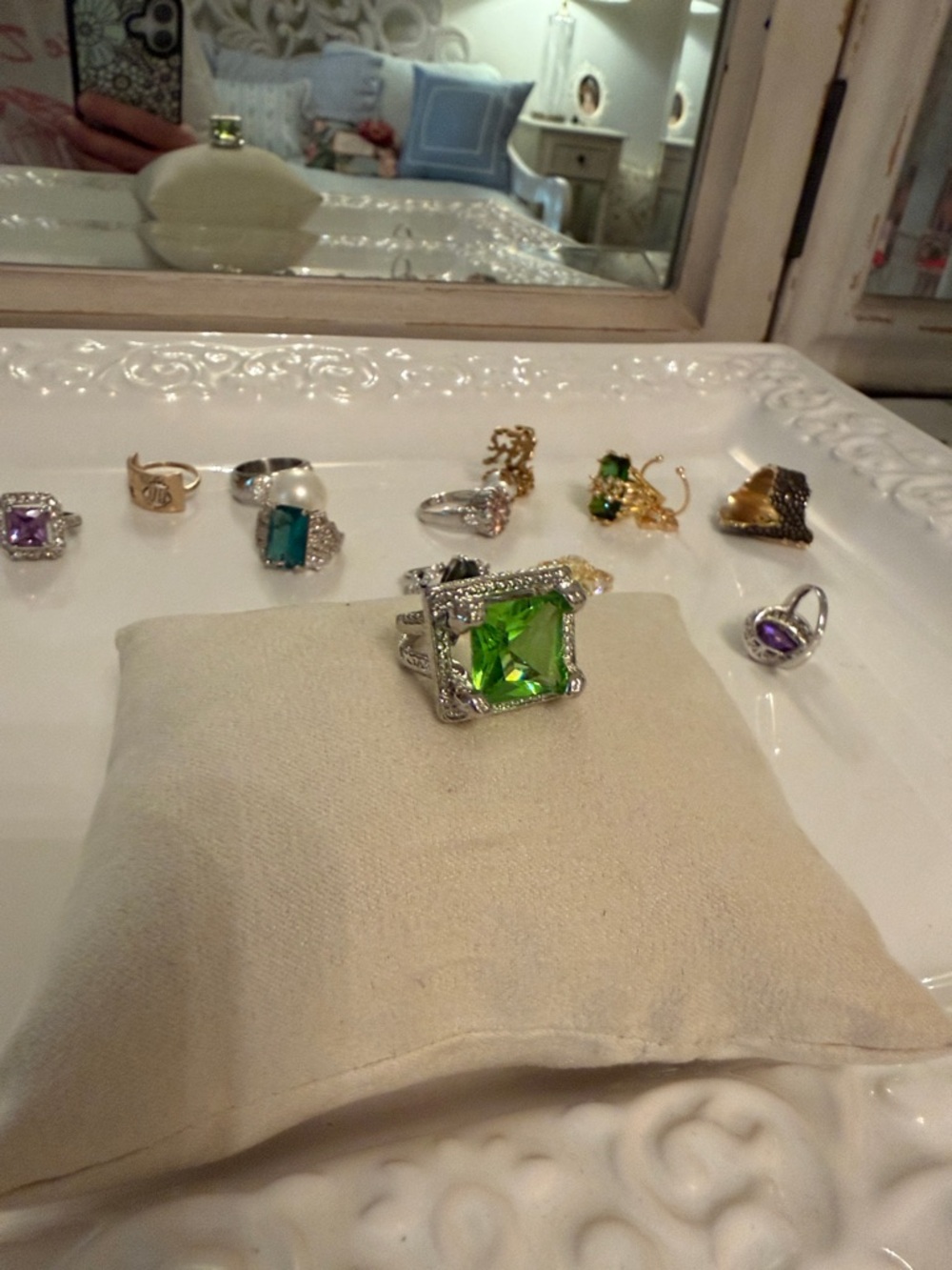 Silver-Tone Women's Ring with Bright Green Square Gemstone